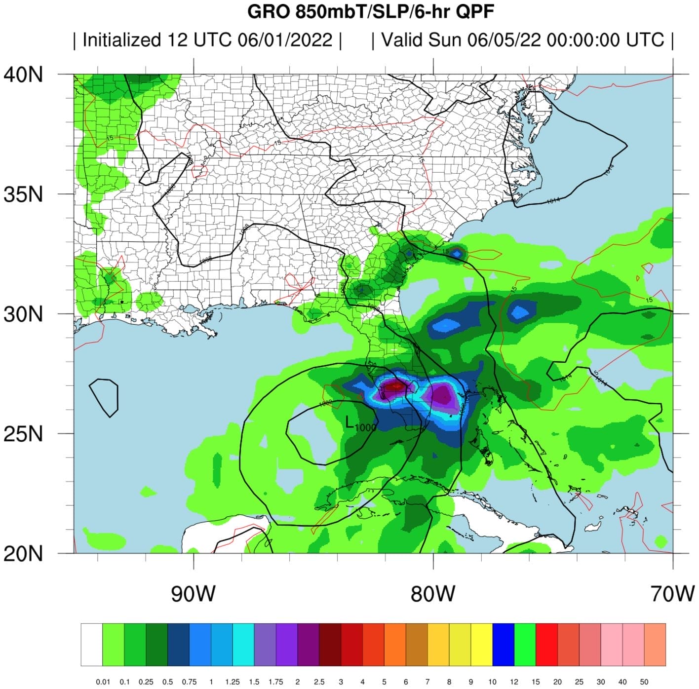 GRO model visual of heavy rain approaching Florida